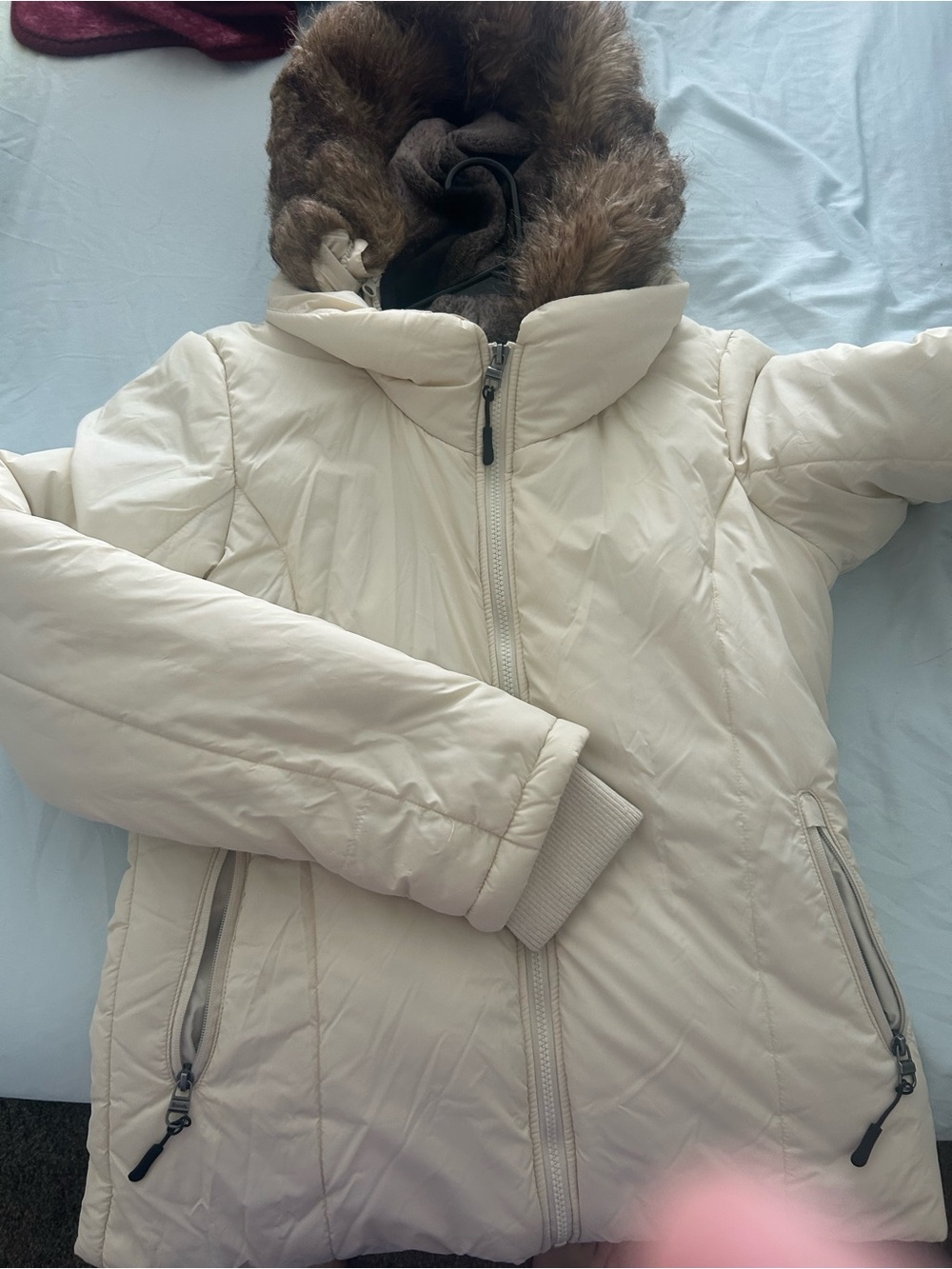 Bench Women's Cream Puffer Jacket with Faux Fur Hood